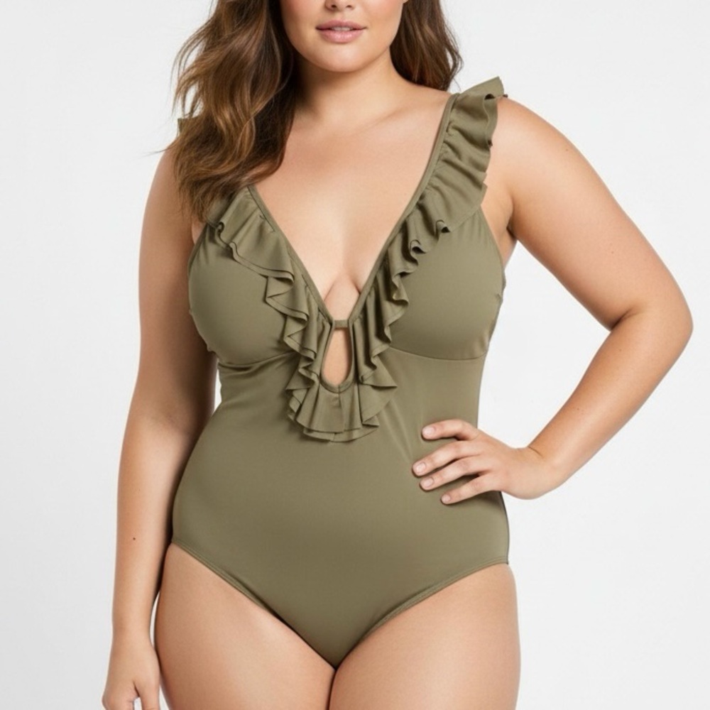 MICHAEL KORS Ruffle Deep V Plunge Open Back Khaki Beige One-Piece Swimsuit 14